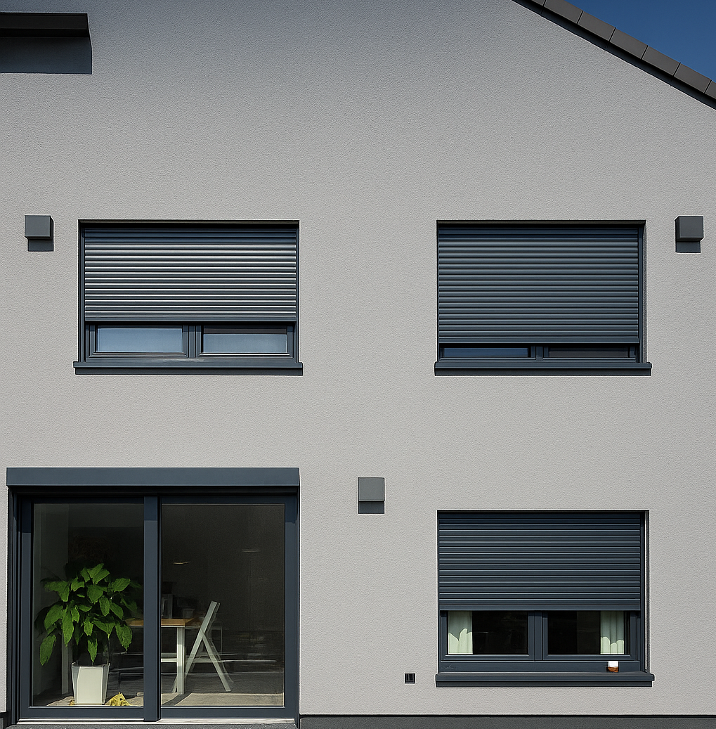 Moderne graue Hausfassade mit geschlossenen Rollläden an allen Fenstern – energieeffizienter Sicht- und Sonnenschutz