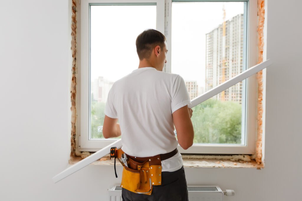 Handwerker repariert Fenster mit Schraubenzieher in Langenfeld – Elsfen Bauelemente