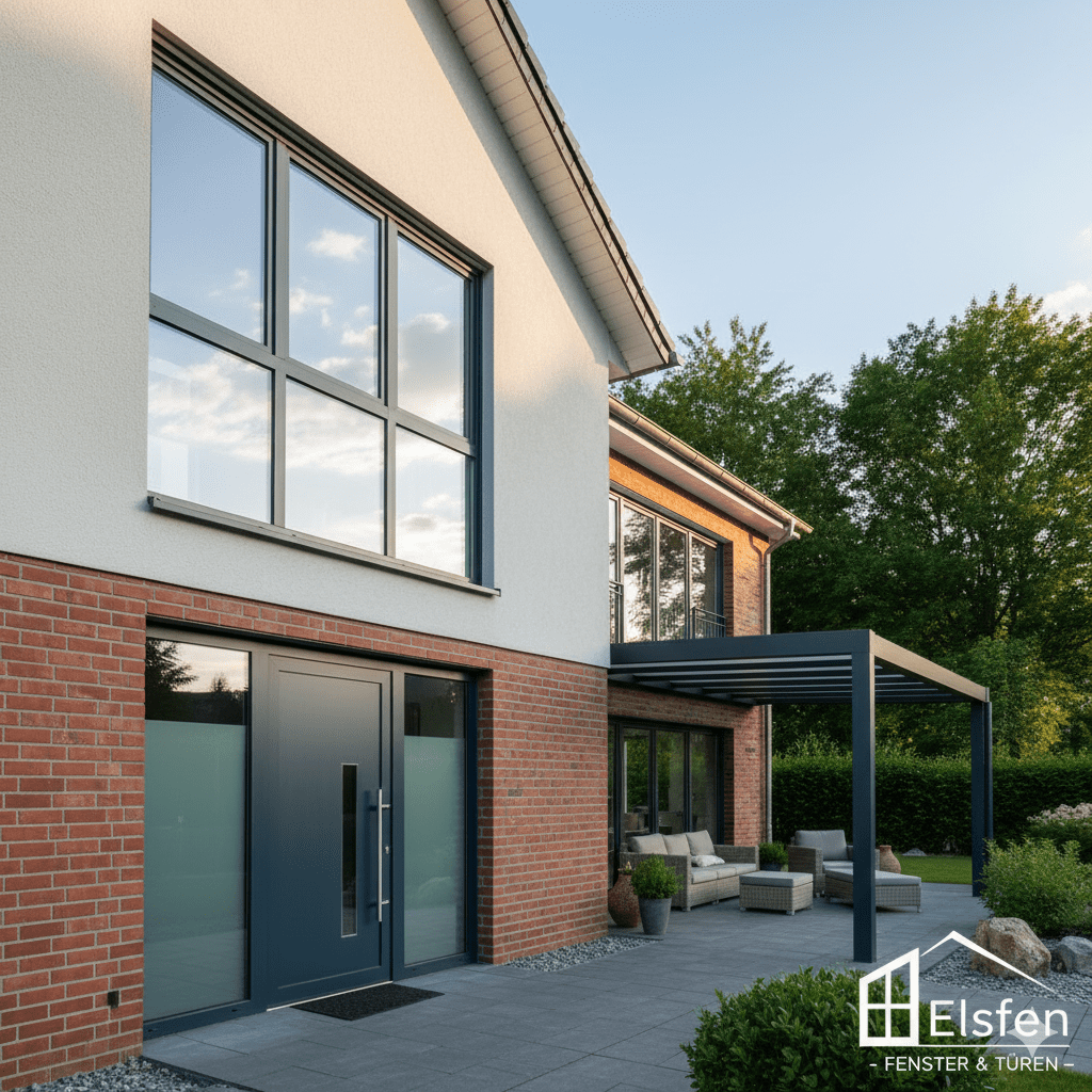 Moderne Hausfassade mit energieeffizienten Fenstern, Sicherheitstür und Terrassenüberdachung von Elsfen in Leichlingen Langenfeld