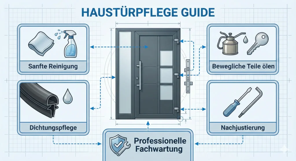 Infografik zur Haustürpflege mit Tipps zu sanfter Reinigung, Dichtungspflege, beweglichen Teilen ölen, Nachjustierung und professioneller Fachwartung.