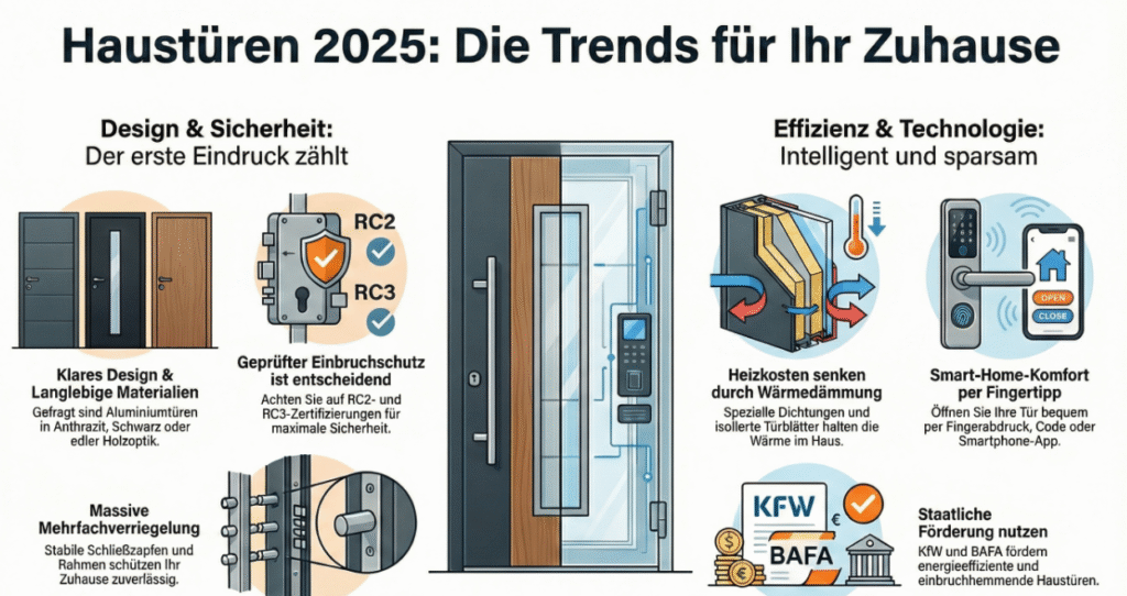 Infografik zu Haustüren 2025: RC2/RC3-Sicherheit, Mehrfachverriegelung, wärmegedämmte Türblätter, Smart-Home-Türschloss mit Fingerabdruck sowie KfW/BAFA-Fördermöglichkeiten.
