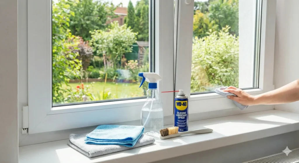 Reinigung von Kunststofffenstern mit Mikrofasertuch und Pflegemittel"