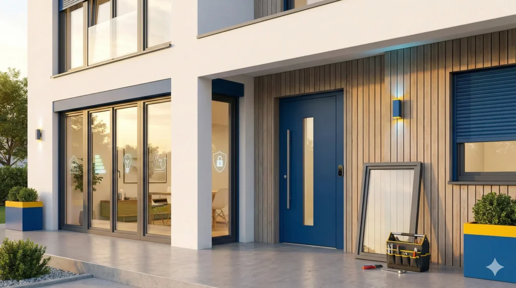 Modernes deutsches Einfamilienhaus mit neuen weißen PVC-Fenstern, blauer Haustür und elektrischen Rollläden