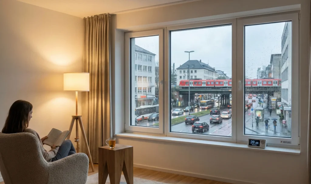 Modernes PVC-Schallschutzfenster im Wohnzimmer mit Blick auf Verkehr und S-Bahn, absolute Stille im Innenraum