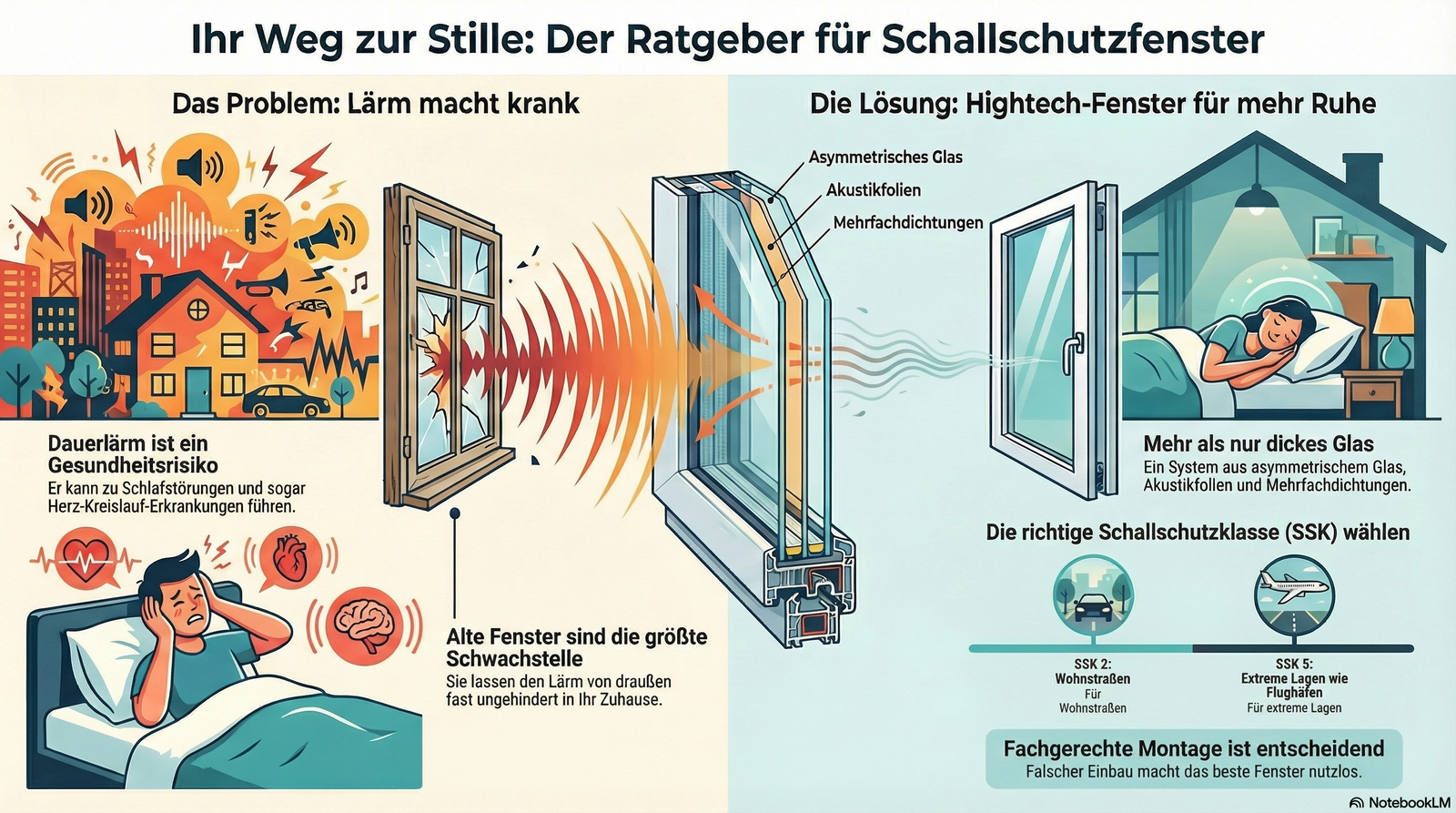 Infografik über moderne Schallschutzfenster: Darstellung von Lärmproblemen im Haus, technischen Glasaufbauten und einer ruhigen Schlafsituation durch Hightech-Fenster.