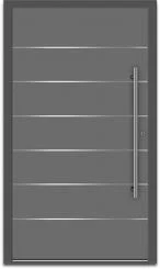 Moderne Alu-Haustür in Anthrazit mit horizontalen Edelstahl-Streifen (Inox) und Stangengriff – Montage in Burscheid