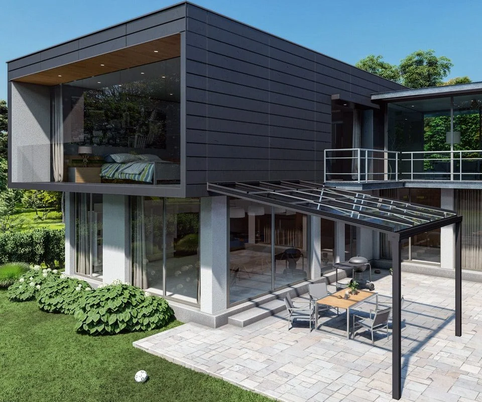 Maßgefertigte Alu Terrassenüberdachung mit Glasdach und integrierter Beschattung, fachgerecht montiert in Köln.