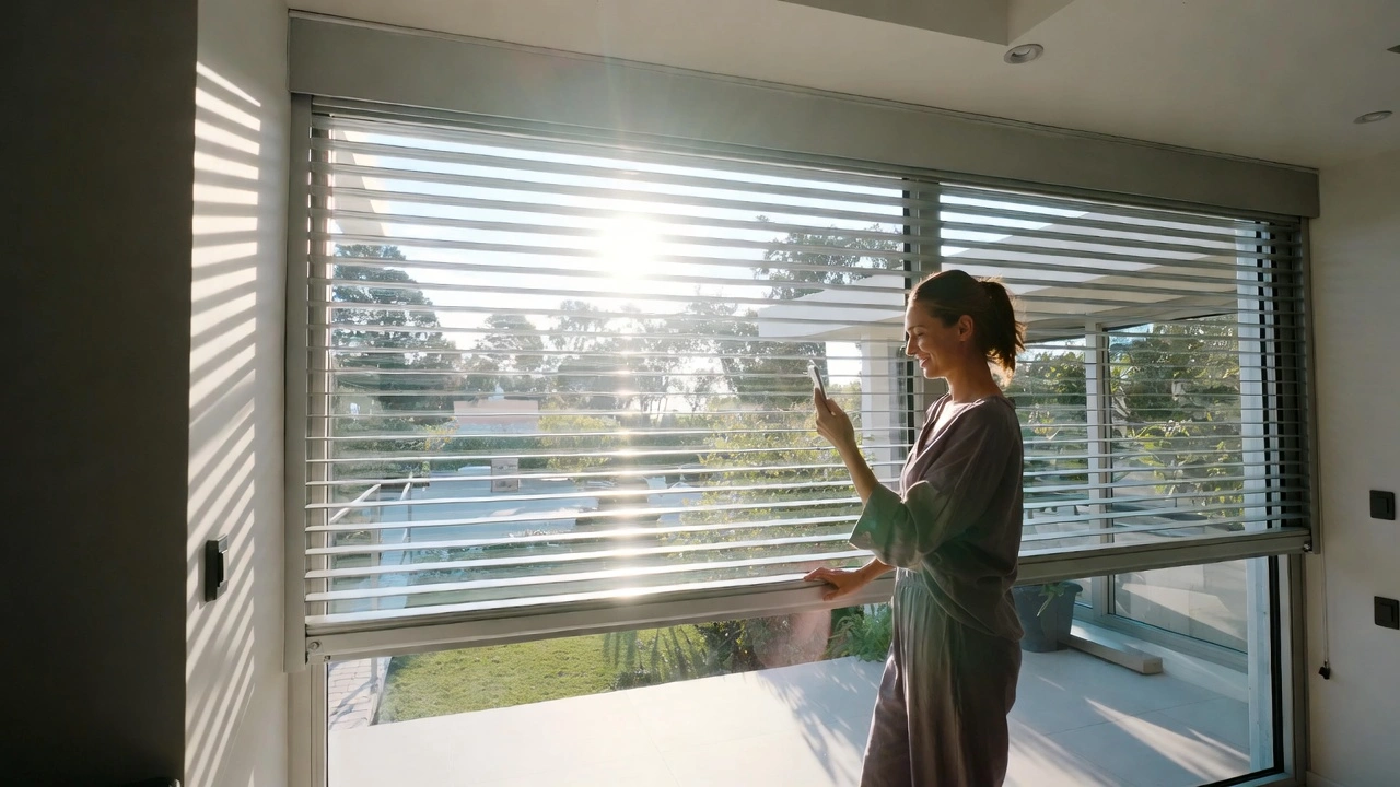 Frau steuert elektrische Rollläden bequem per Smartphone-App – Smart Home Sonnenschutz in Köln