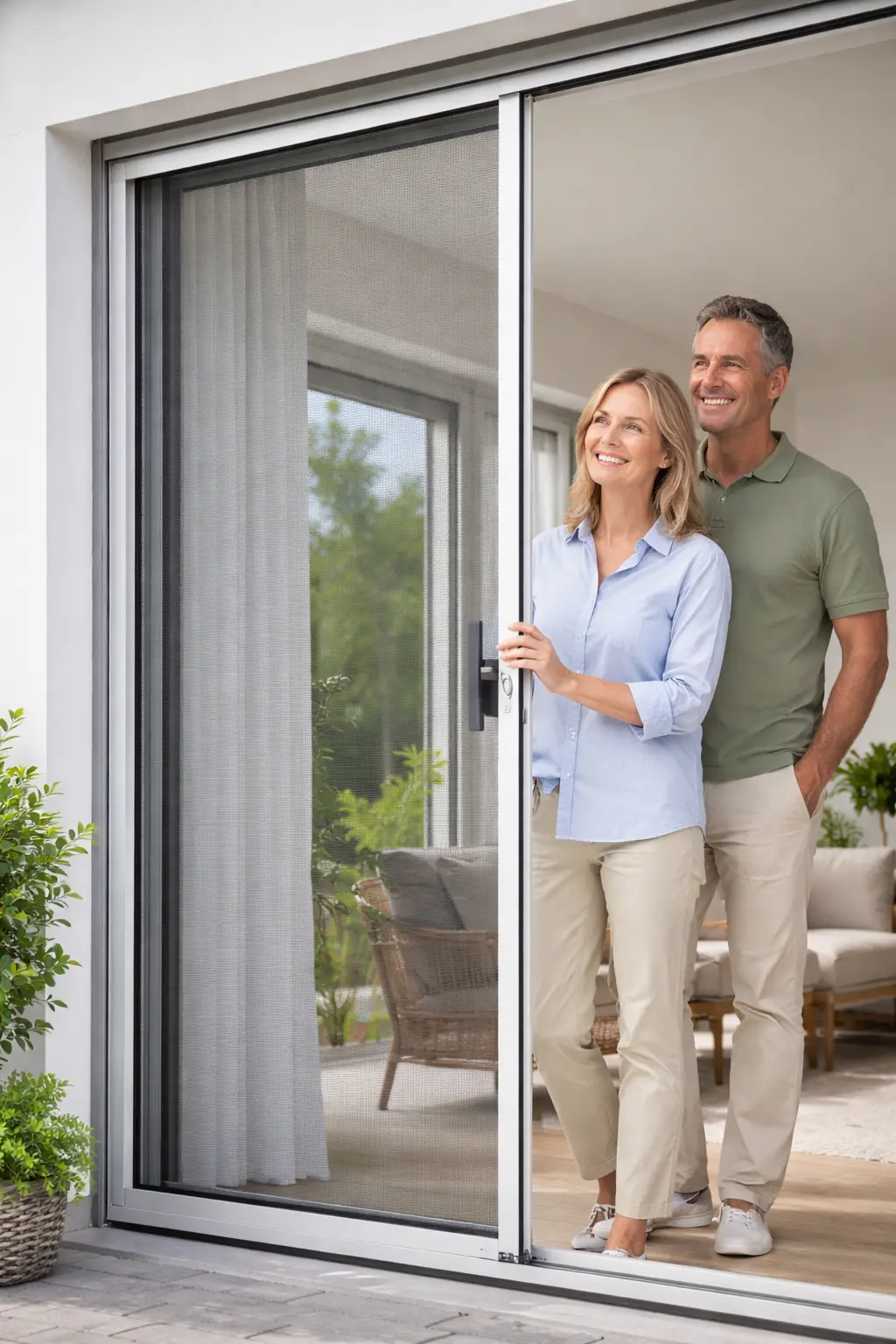 Fliegengitter Schiebetür für Terrasse in Köln und Leverkusen – modernes Insektenschutzsystem von Elsfen mit glücklichem Paar am Terrasseneingang