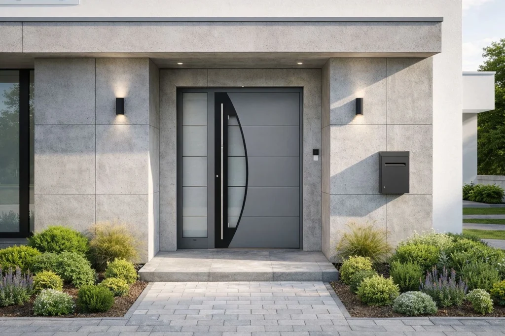 Moderne graue Aluminium-Haustür an einem Einfamilienhaus in Bergisch Gladbach – hochwertige Haustürmontage von Elsfen