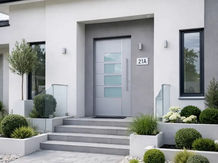 Moderne graue Aluminium-Haustür mit Glaselementen vor einem stilvollen Einfamilienhaus in Langenfeld – hochwertige Haustürmontage von Elsfen