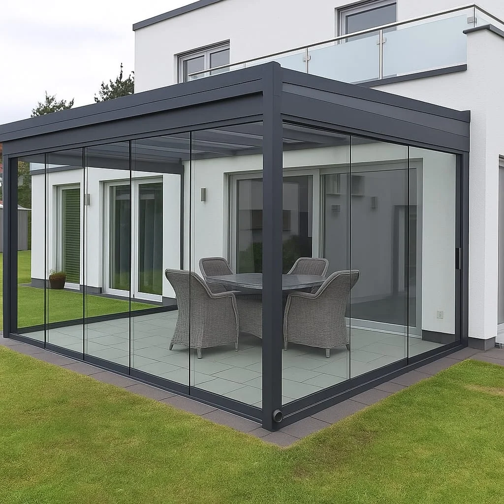 Anthrazitfarbener Kaltwintergarten mit rahmenlosen Glasschiebewänden und Flachdach, Referenzprojekt in Köln und Leverkusen