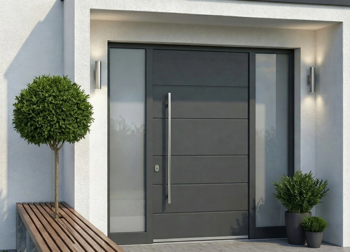 Moderne anthrazitfarbene Haustür mit seitlichen Glaselementen, langem Metallgriff und klarer Linienführung für Einfamilienhäuser und Villen in Köln