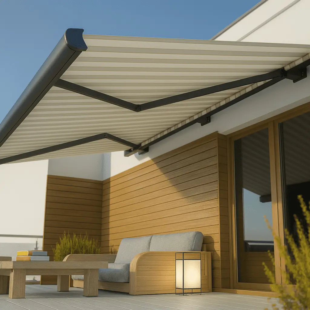 Ausgefahrene elektrische Kassettenmarkise als Sonnenschutz auf einer Terrasse in Leverkusen.