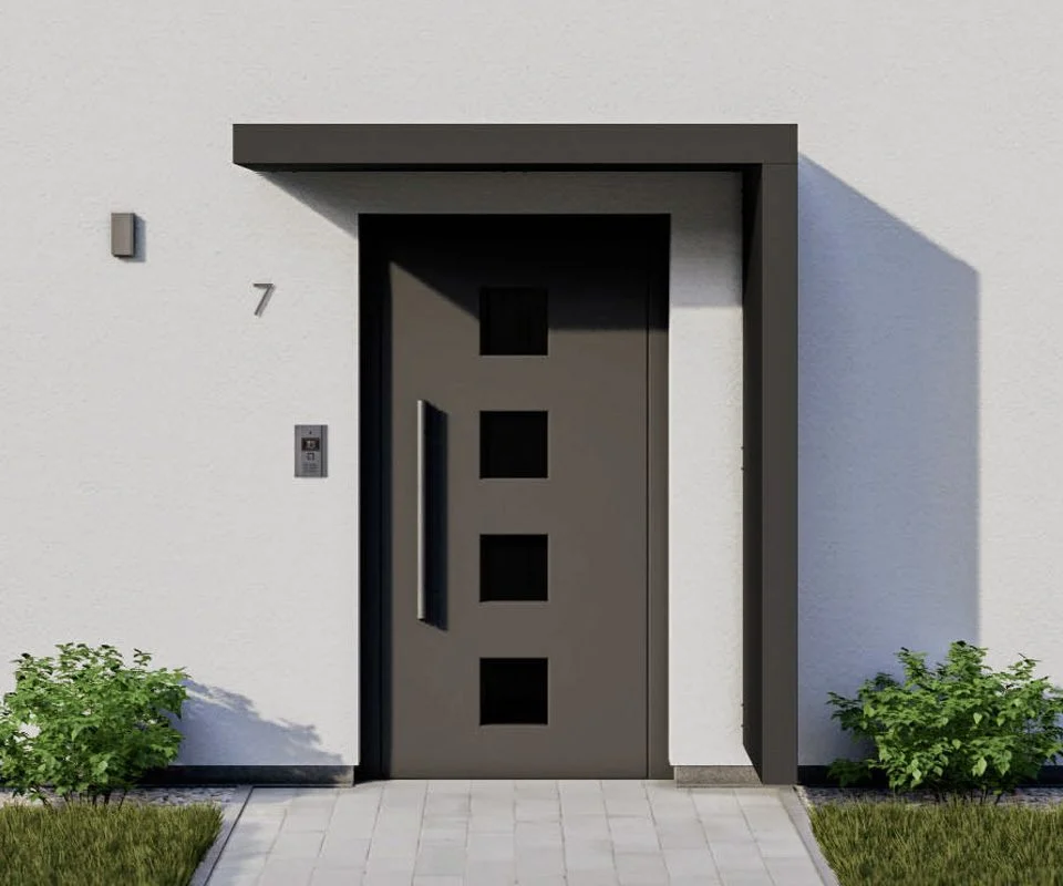 Moderne Haustür in Anthrazit mit 4 quadratischen Glasausschnitten und langem Edelstahlgriff – Eingangstür Design in Leverkusen