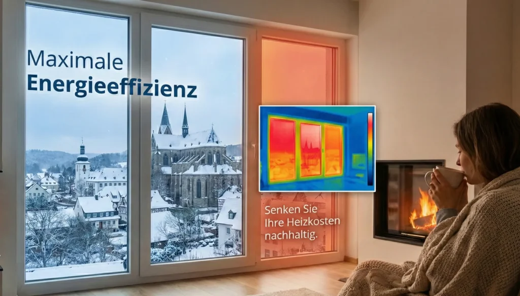 Energieeffizientes Fenster in Odenthal: Frau am Kamin im Winter mit Blick auf Altenberger Dom. Wärmebild-Einblendung zeigt Isolierung und Text "Maximale Energieeffizienz".