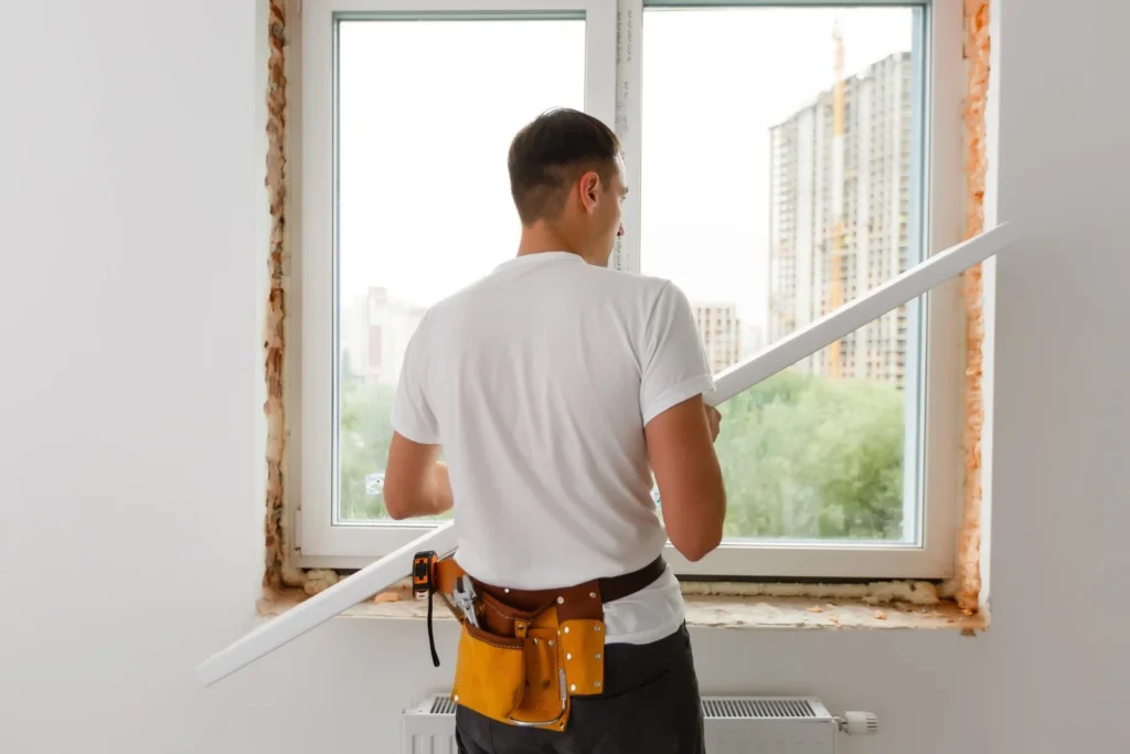 Professioneller Fensterbauer bei der Montage eines neuen energieeffizienten Fensters in Langenfeld