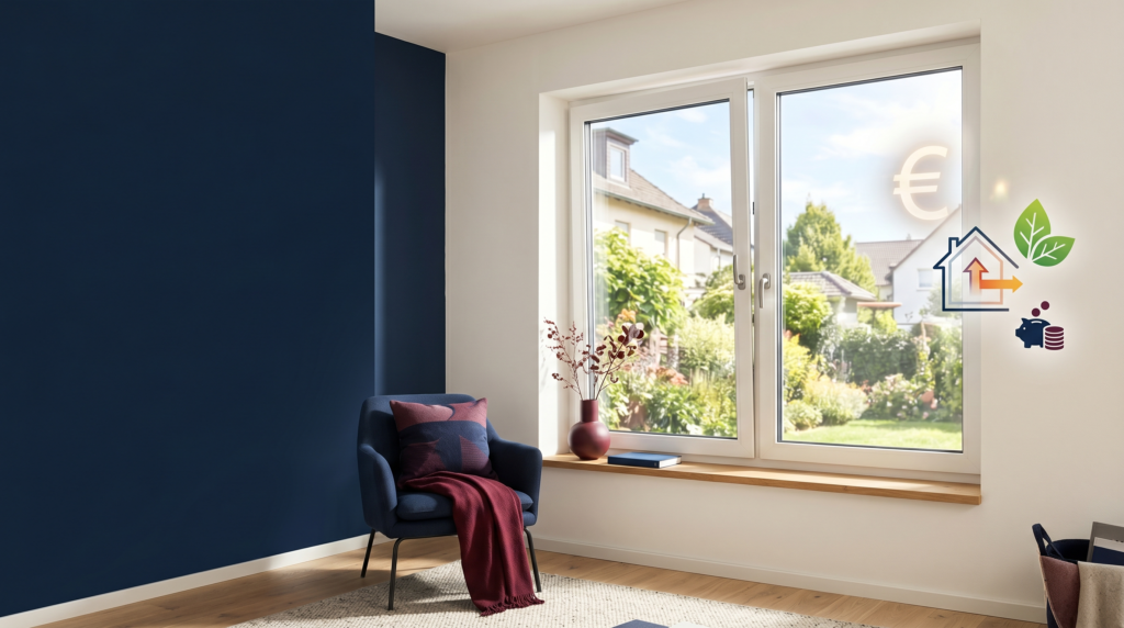 Modernes weißes PVC-Fenster mit Dreifachverglasung in NRW, illustriert mit Symbolen für BAFA-Förderung, Euro-Ersparnis und Energieeffizienz.