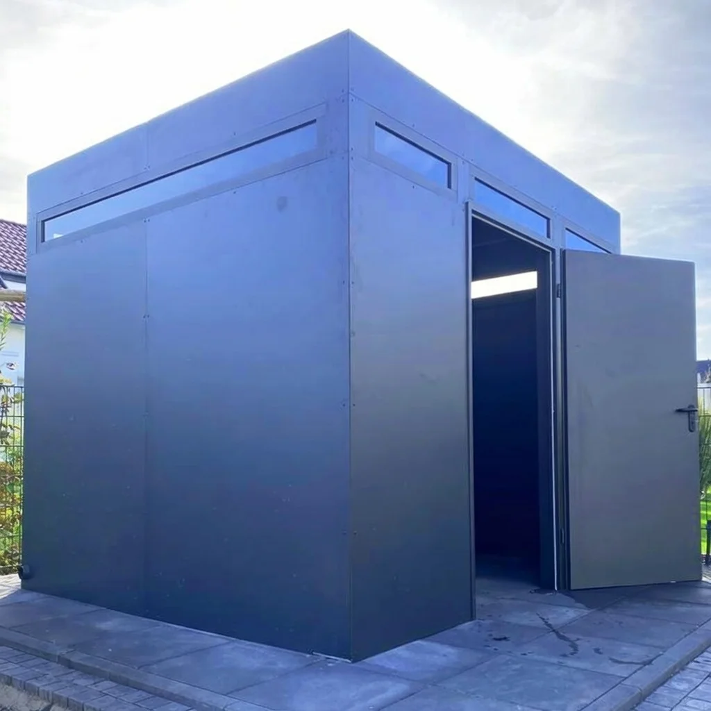 Freistehendes Metall-Gartenhaus in Anthrazit mit offener Seite