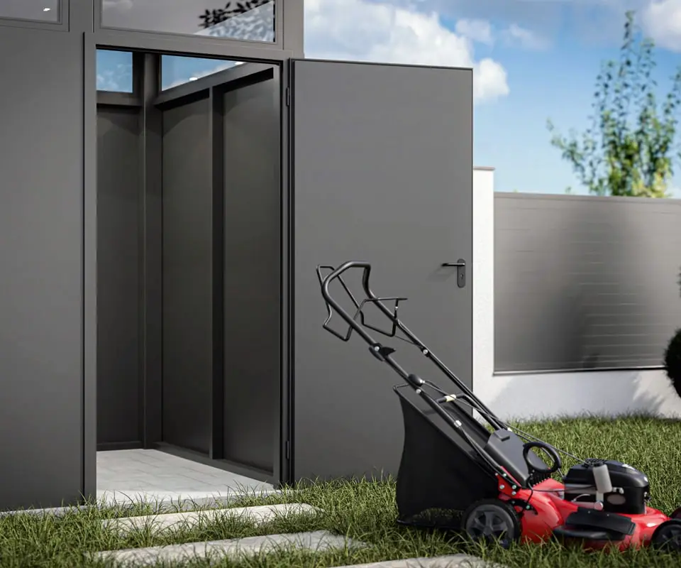 Metall-Gartenhaus in Anthrazit mit offener Tür