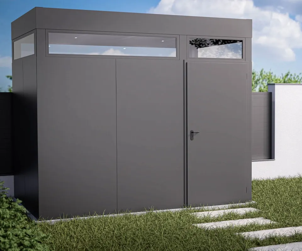 Modernes Metall-Gartenhaus in Anthrazit mit Oberlicht
