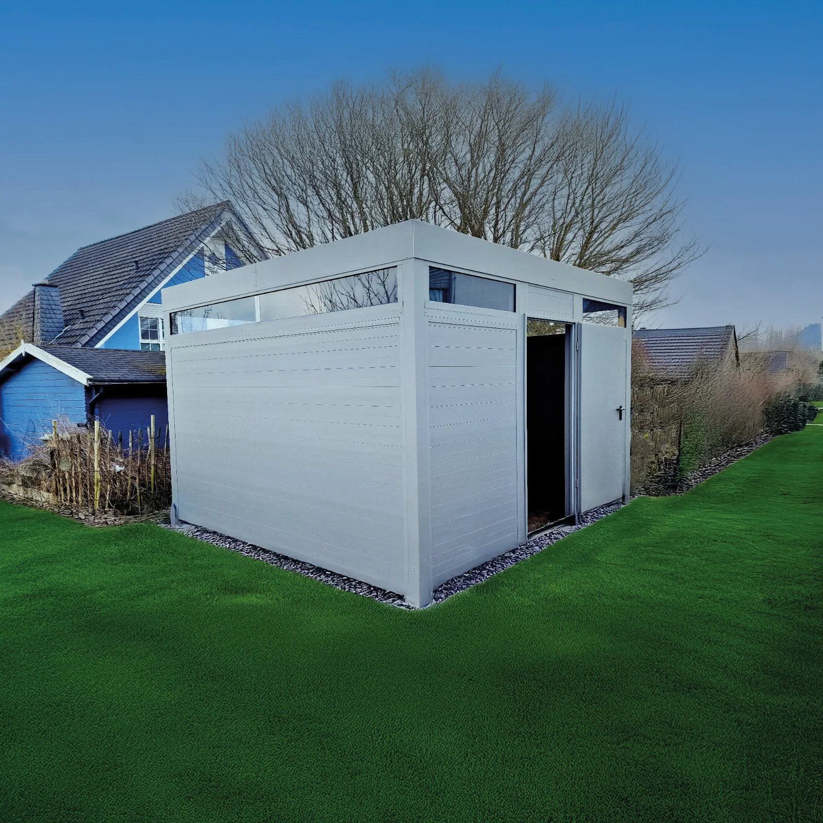 Modernes Metall-Gartenhaus in Hellgrau