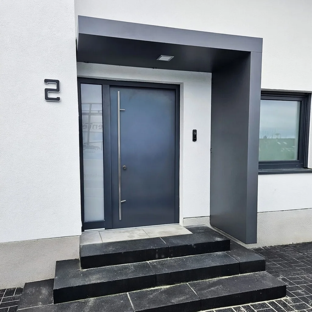 Geschlossenes Box-Vordach in Anthrazit mit dunklen Granitstufen in Köln