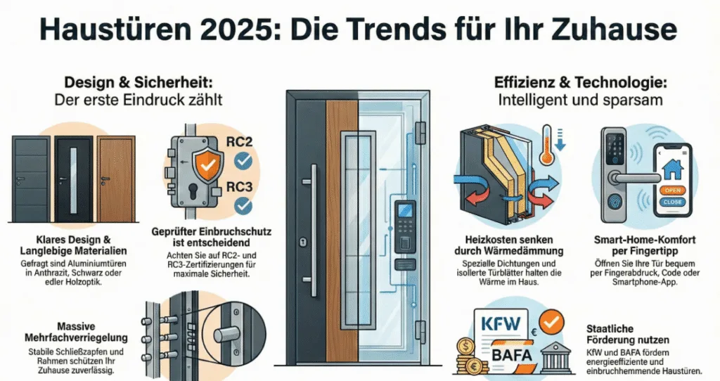 Infografik Haustüren: RC2/RC3-Sicherheit, Wärmedämmung und Smart-Home
