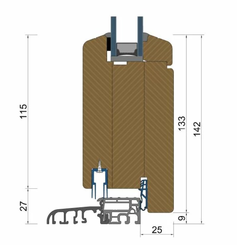 Holzhaustür Standard – Profilschnitt mit Maßangaben